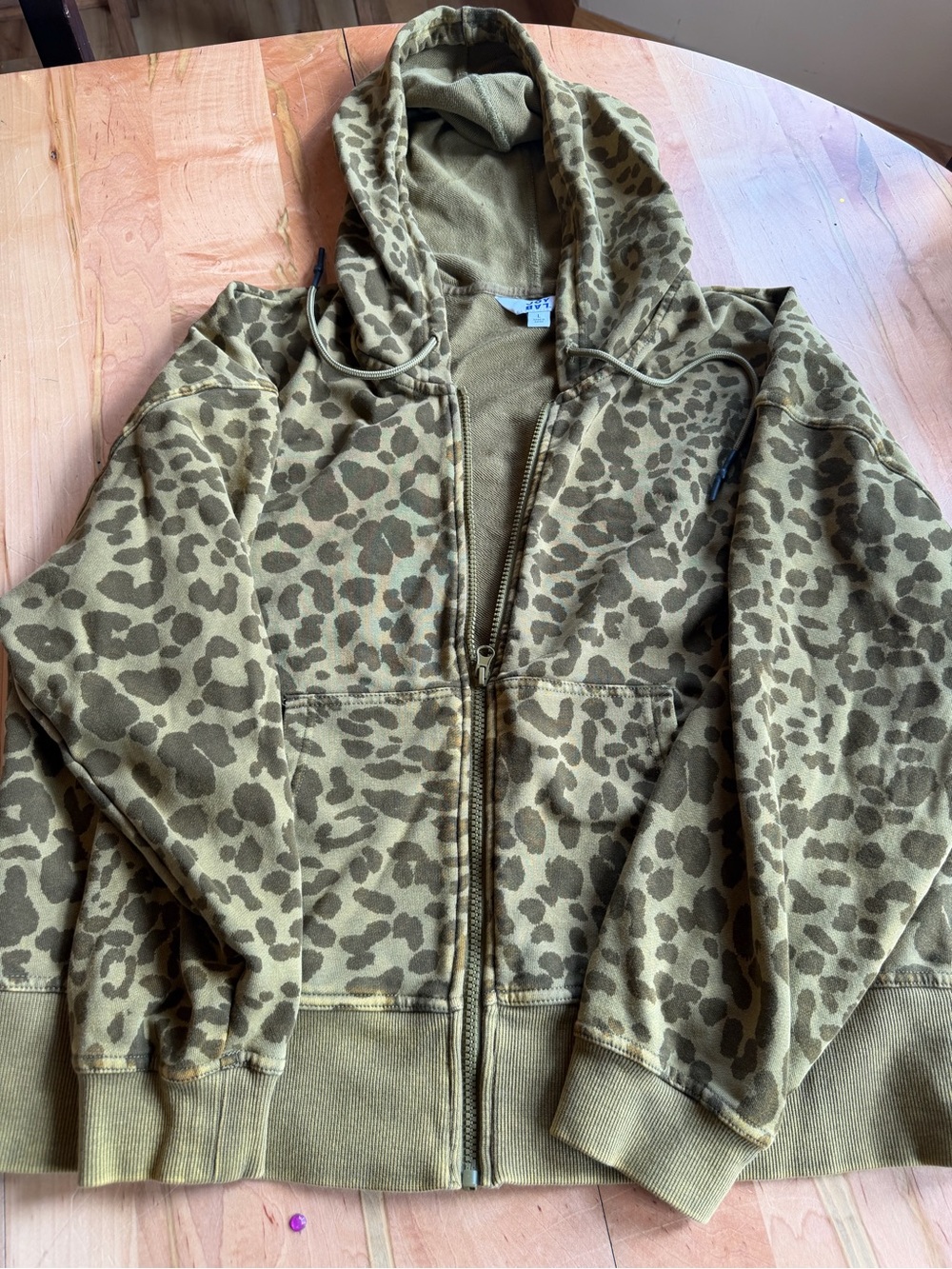 JoyLab Olive Green Leopard Print Zip-Up Hoodie